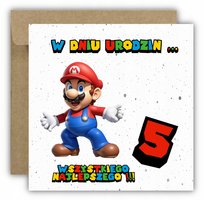 Kartka okolicznościowa na 5 urodziny dla dzieci SUPER MARIO Z ŻYCZENIAMI