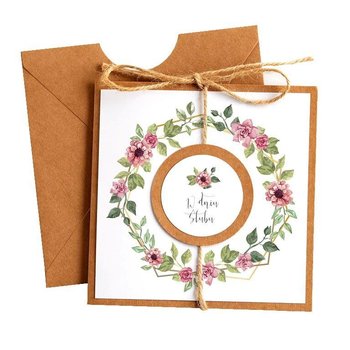Kartka Okolicznościowa na Ślub - Eco Vintage Wianek - Geometryczny Róż - Karnet ślubny - OCHprosze