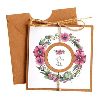 Kartka Okolicznościowa na Ślub - Eco Vintage Wianek - Kwiaty Różowe - Karnet ślubny - OCHprosze