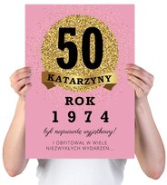 KARTKA XXL Z IMIENIEM URODZINOWA NA 50 URODZINY 1975 1976 1977 LAT  RÓŻOWA + IMIĘ