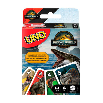 Karty UNO Jurassic World 4, Towarzyska i rodzinna gra karciana 7+ JFT28 - Uno