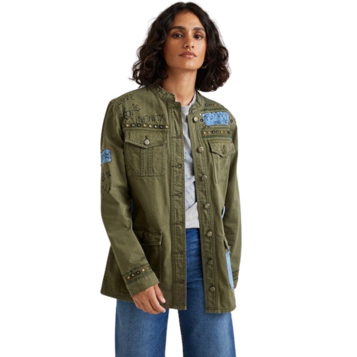 DESIGUAL Katana damska Desigual Amore z naszywkami haftami khaki-M