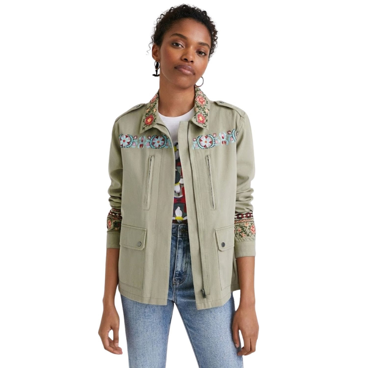 DESIGUAL Katana damska Desigual Henderson Amore z naszywkami haftami khaki-XS