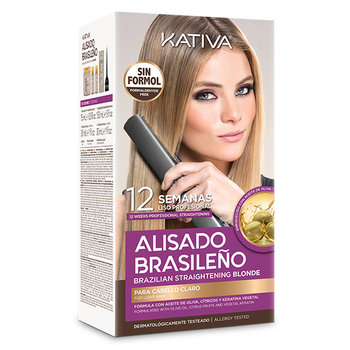 Kativa Alisado Brasileno Blonde | Zestaw do keratynowego prostowania włosów blond: szampon przed zabiegiem 15ml + szampon po zabiegu 30ml + odżywka 30ml + maska prostująca 150ml - Kativa