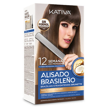 Kativa Alisado Brasileno Brunette | Zestaw do keratynowego prostowania włosów brązowych: szampon przed zabiegiem 15ml + szampon po zabiegu 30ml + odżywka 30ml + maska prostująca 150ml - Kativa