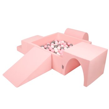 KiddyMoon Piankowy plac zabaw PPZP-KW30D-125 z piłeczkami różowy: biały-szary-pudrowy róż basen 200/klin L/górka/tunel/schodek - KiddyMoon