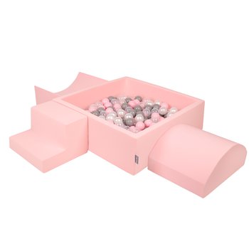 KiddyMoon Piankowy plac zabaw PPZP-KW30D-134 z piłeczkami różowy: perła-szary-transparent-pudrowy róż basen 300/rampa L/półwałek L/schodek - KiddyMoon