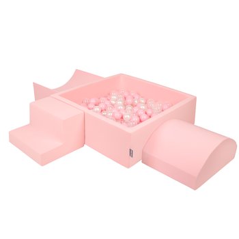 KiddyMoon Piankowy plac zabaw PPZP-KW30D-134 z piłeczkami różowy: pudrowy róż-perła-transparent basen 300/rampa L/półwałek L/schodek - KiddyMoon