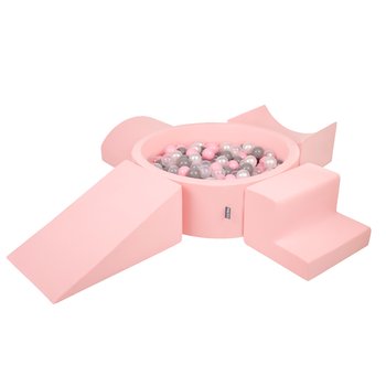 KiddyMoon Piankowy plac zabaw PPZP-OK30D-115 z piłeczkami różowy: perła-szary-transparent-pudrowy róż basen 200/klin L/rampa L/półwałek L/schodek - KiddyMoon