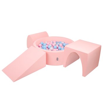 KiddyMoon Piankowy plac zabaw PPZP-OK30D-124 z piłeczkami różowy: babyblue-pudrowy róż-perła basen 300/klin L/górka/tunel - KiddyMoon