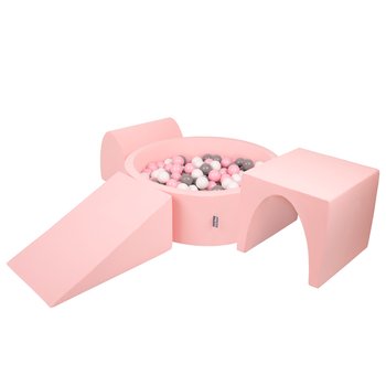 KiddyMoon Piankowy plac zabaw PPZP-OK30D-124 z piłeczkami różowy: biały-szary-pudrowy róż basen 300/klin L/górka/tunel - KiddyMoon