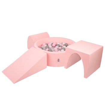 KiddyMoon Piankowy plac zabaw PPZP-OK30D-124 z piłeczkami różowy: perła-szary-transparent-pudrowy róż basen 200/klin L/górka/tunel - KiddyMoon