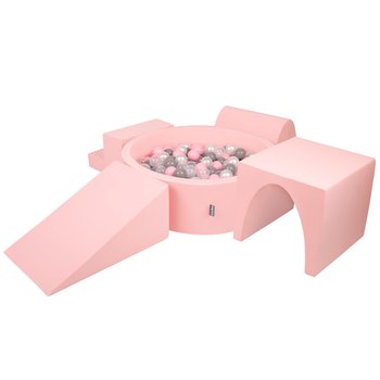 KiddyMoon Piankowy plac zabaw PPZP-OK30D-125 z piłeczkami różowy: perła-szary-transparent-pudrowy róż basen 200/klin L/górka/tunel/schodek - KiddyMoon