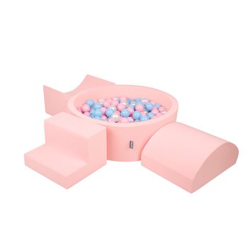 KiddyMoon Piankowy plac zabaw PPZP-OK30D-134 z piłeczkami różowy: babyblue-pudrowy róż-perła basen 200/rampa L/półwałek L/schodek - KiddyMoon