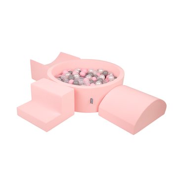 KiddyMoon Piankowy plac zabaw PPZP-OK30D-134 z piłeczkami różowy: perła-szary-transparent-pudrowy róż basen 200/rampa L/półwałek L/schodek - KiddyMoon