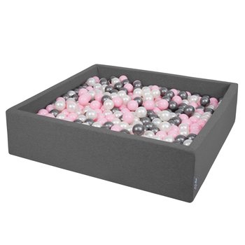 KiddyMoon, suchy basen kwadratowy z piłeczkami 7cm 120x30 ciemnoszary: perła-pudrowy róż-srebrny 120x30/300piłek - KiddyMoon