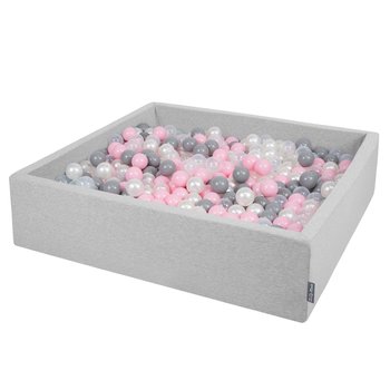 KiddyMoon, suchy basen kwadratowy z piłeczkami 7cm 120x30 jasnoszary: perła-szary-transparent-pudrowy róż 120x30/200piłek - KiddyMoon
