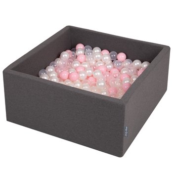 KiddyMoon, suchy basen kwadratowy z piłeczkami 7cm ciemnoszary: pudrowy róż-perła-transparent 90x40cm/200piłek - KiddyMoon