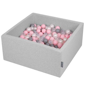 KiddyMoon, suchy basen kwadratowy z piłeczkami 7cm jasnoszary: perła-szary-transparent-pudrowy róż 90x40cm/300piłek - KiddyMoon