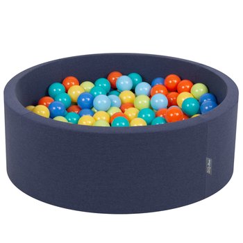 KiddyMoon, suchy basen okrągły z piłeczkami 7cm granatowy: jasny zielony-pomarańcz-turkus-niebieski-babyblue-żółty 90x30cm/200piłek - KiddyMoon