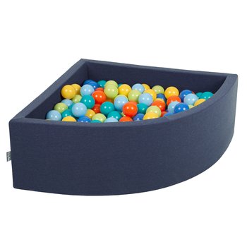 KiddyMoon, suchy basen trójkątny z piłeczkami 7cm granatowy: jasny zielony-pomarańcz-turkus-niebieski-babyblue-żółty 90x30cm/300piłek - KiddyMoon