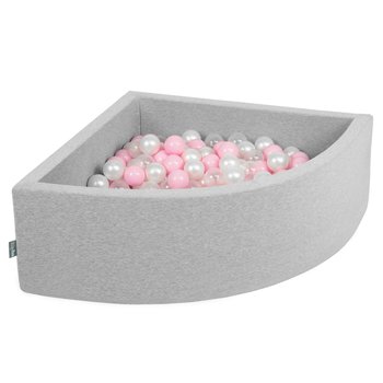 KiddyMoon, suchy basen trójkątny z piłeczkami 7cm jasnoszary: pudrowy róż-perła-transparent 90x30cm/300piłek - KiddyMoon