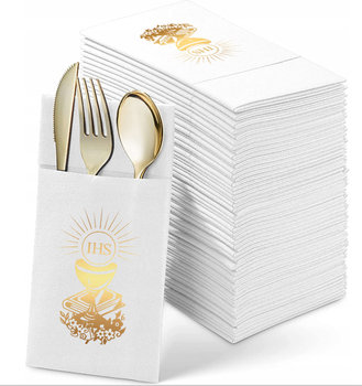 Kieszonki na sztućce białe serwetki złoty nadruk Kielich Hostia IHS Komunia - Inna marka