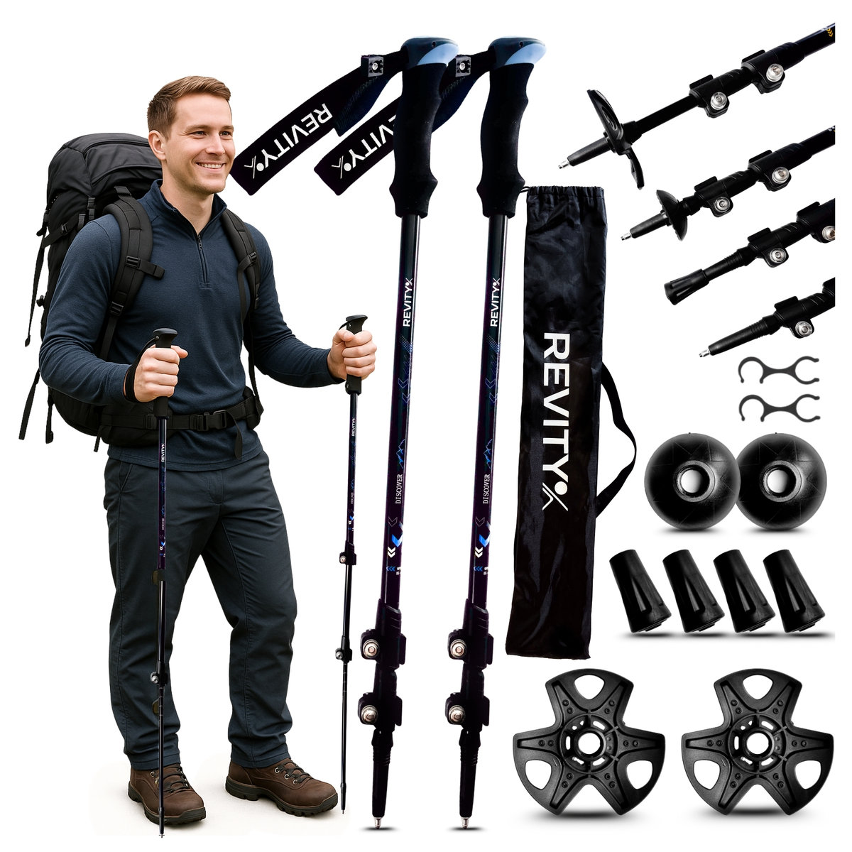 Set 2 Bastoncini Da Nordic Walking Eurobatt - Regolabili 65-135 Cm, Sistema Anti-shock, Colori Assortiti (nero)