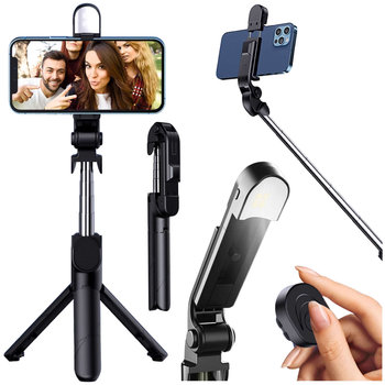 Kijek Selfie Stick Tripod Statyw LED Pilot Bluetooth Uchwyt do telefonu z lampką LED kij wysięgnik 76cm czarny - Alogy