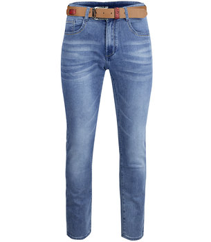 Klasyczne spodnie męskie jeansy z brązowym paskiem-31 - Agrafka