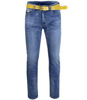 Klasyczne spodnie męskie jeansy z żółtym paskiem-32 - Agrafka