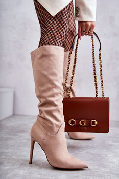 Klasyczne Zamszowe Kozaki Na Szpilce Beżowe Ameya-40 - Butosklep