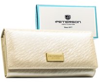 Klasyczny portfel damski duży skórzany beżowy PETERSON elegancki karty gotówka poziomy na zatrzask rfid Peterson