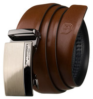 Klasyczny skórzany pasek męski do spodni z automatyczną srebrną klamrą PETERSON 95 brązowy elegancki do garnituru