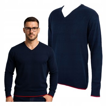 Klasyczny Sweter Męski Granatowy w Serek Vneck Bawełna Akryl Czerwony 3XL - Modus