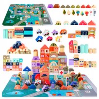 Klocki Drewniane Miasto Zestaw + Puzzle Mata 115 Elementów Kreatywna Zabawa