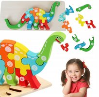 Klocki Drewniane Puzzle Układanka Dinozaur 3D Na Desce Cyferki Liczby