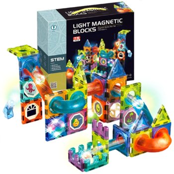 Klocki magnetyczne świecące neodymowe, konstrukcyjne, duże panele, świecący tor kulkowy, kulodrom zestaw 75 elementów. - Doris