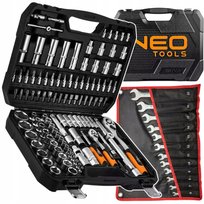 Klucze Nasadowe 110 el. 1/4 1/2 Walizka + Klucze Płasko Oczkowe 12 szt. NEO TOOLS