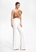 Kobieca ROMANTYCZNA BLUZKA damska z falbaną JEDNO RAMIĘ beżowa S/M