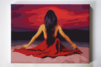 Kobieta na horyzoncie, plaża, czerwona sukienka, widok, malowanie po numerach - Akrylowo