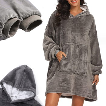 Koc bluza z kapturem 2w1 ocieplana szara kocobluza gruba oversize futrzak - Okazeo