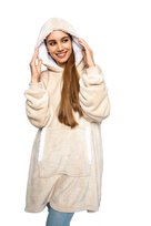 KOCOBLUZA CIEPŁA GRUBA DUŻA BLUZA Z KAPTUREM KOC OVERSIZE BEŻOWA KONTRASTO