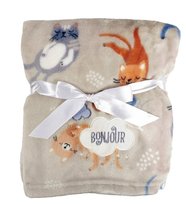 Kocyk dziecięcy 75x100 Ricco beżowy kolorowy kotki z mikrofibry z haftem aplikacją chmurki