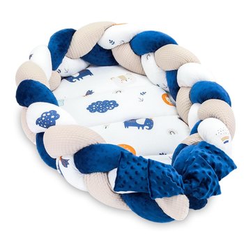 Kokon niemowlęcy - Gniazdo przytulanka zestaw z poduszką warkocz składany dwustronny kokon dla noworodków 75X45 cm, navy niebieski - Totsy Baby