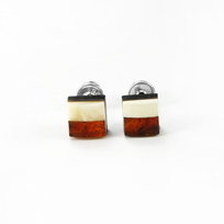 Kolczyki na sztyft kwadratowe srebrne z bursztynem i czarnym dębem