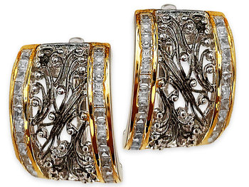 Kolczyki srebrne 925 wyjątkowy wzór ażurowe szerokie przecinki z cyrkoniami i złoceniem - Lovrin