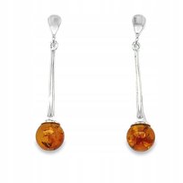 Kolczyki srebrne BURSZTYNEM koniakowym 925 sztyft baranek długie kulka