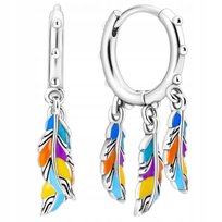 Kolczyki Srebrne Kolczyki Kółka Wiszące Kolorowe Piórka Kolczyki TRUSKY