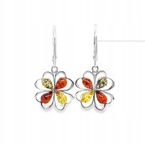 Kolczyki srebrne z BURSZTYNEM zapięcie angielskie kwiatki kolorowy